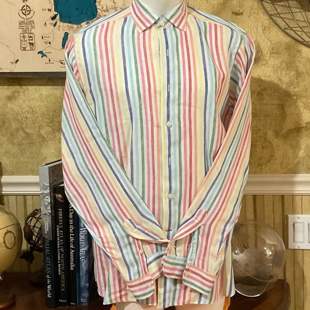 Daniel Cremieux Pastel Multi Striped Linen Button Down Shirt. XL.